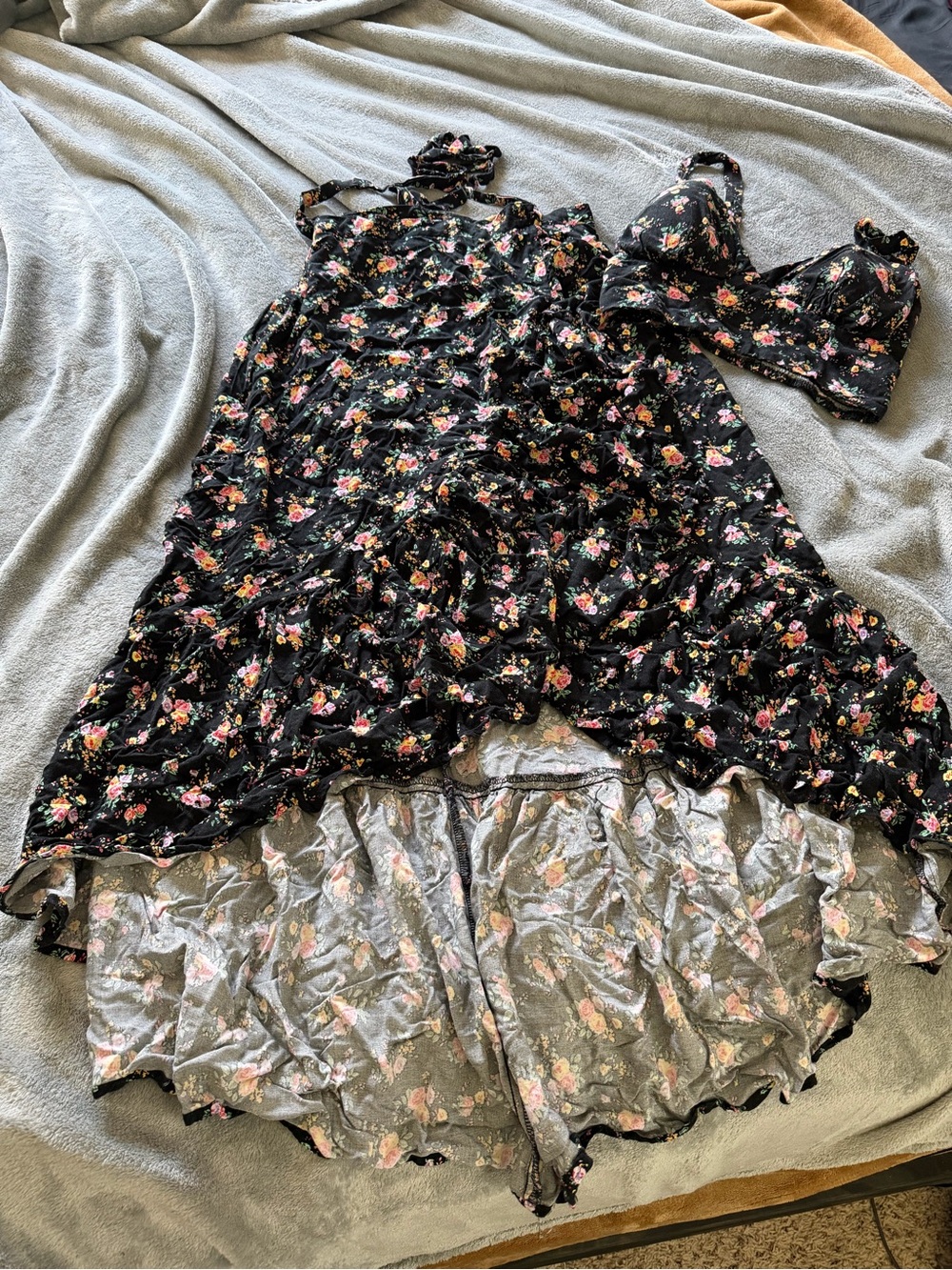 Black Floral hi-low wrap skirt with Matching Top